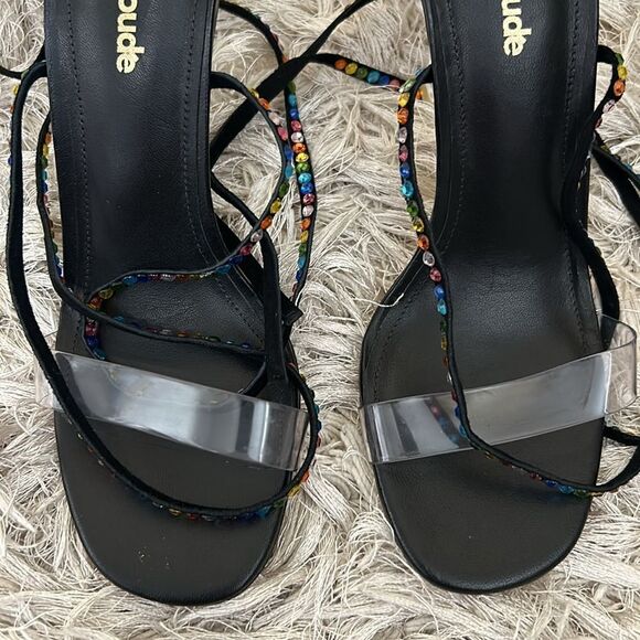 NWOB Larroude Disco Gloria Embellished Wrap Sandals in Black Leather/Vinyl 6.5 - Picture 8 of 16